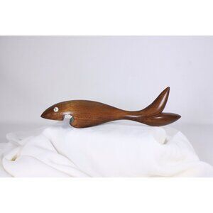 Vintage teak shark bottle opener crystal eyes, Nautical Danish mid century